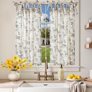 jinchan Floral Kitchen Curtains 36 Inch Linen Tier Curtains Farmhouse Cafe Half Window Drapes Over Sink Light Filtering Black on Beige for Living Room Laundry Tie Top 2 Panels