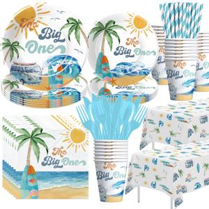 Surf First Birthday Party Supplies Boy - Surfing The Big One Birthday Decorations Tableware, Plate, Cup, Napkin, Cutlery, Tablecloth, Summer Beach Surf Party Decor | Serve 24 Blue