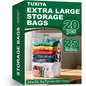 20 PACK 25 Gallon Extra Large Storage Bags, 35.5"x 24"x 7" Resealable Clear Zipper Bags with Handle, Heavy Duty Big Bag for Clothes Pillow Travel Moving, Expandable Bottom, 8 Mil Thick