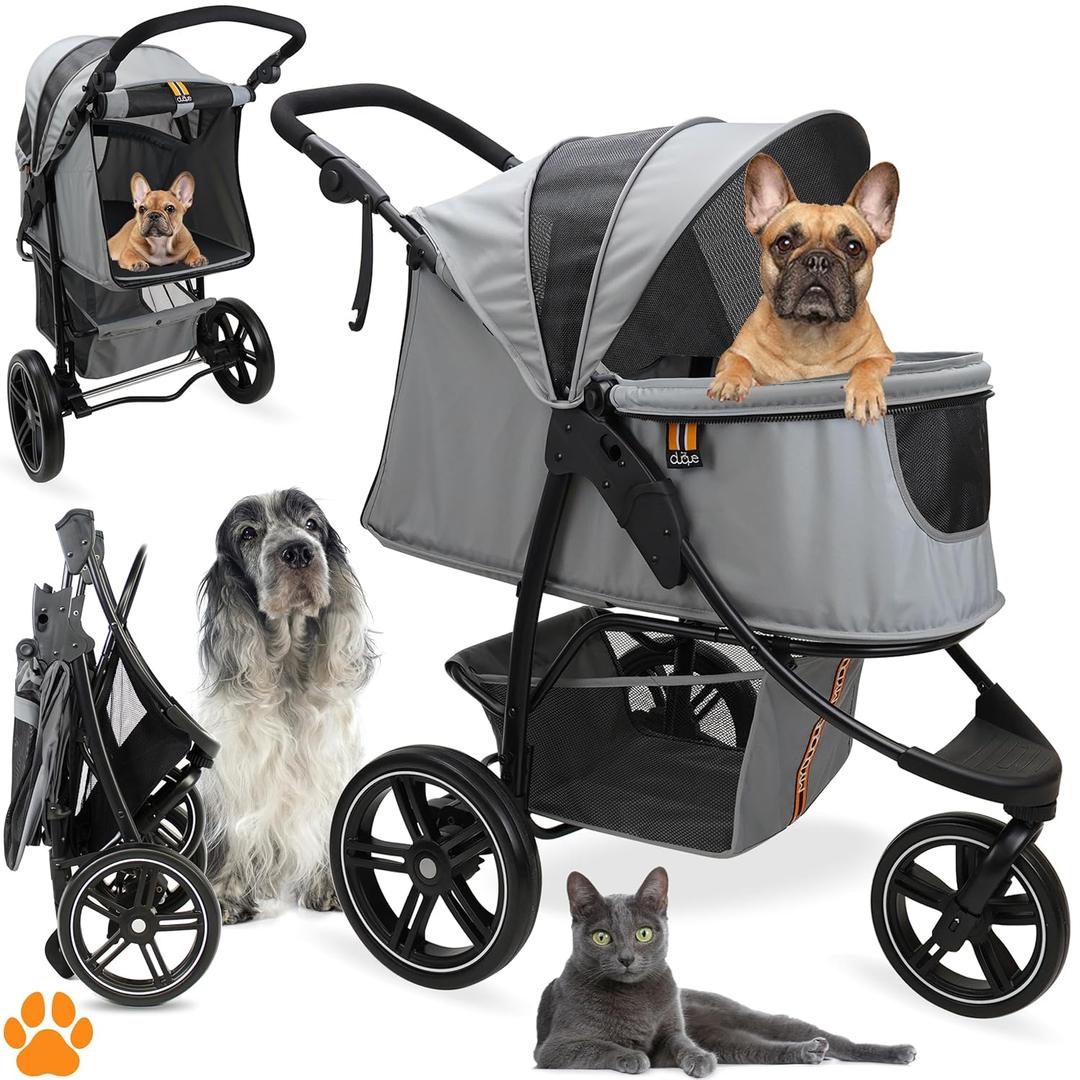 COOPER dog & pet robust buggy, jogger holds up to 32 kg / 70lbs, easy fold, multi-height adjustable soft touch handle, reflective accents, mesh inserts, zippered exits, storage basket below