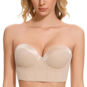 SEA BBOT Women Anti-Slip Strapless Bra Longline Padded Push Up Bra Size 32A Dark Beige