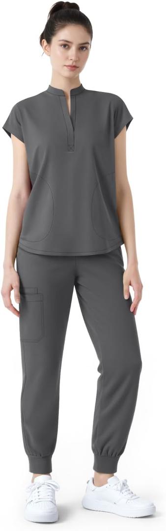 Sixriver Scrubs for Women Set,Soft Mock Collar Scrub Top & Jogger Scrub Pant,8 Pockets,Relaxed Fit Stretch Nurse Uniform Sets, Dark Grey Small