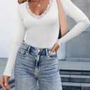 LUXVEER Long Sleeve Shirts for Women Lace V Neck Ribbed Fitted T-Shirt Dressy Business Casual Blouses 2026 Trendy Fall Tops (White, S)