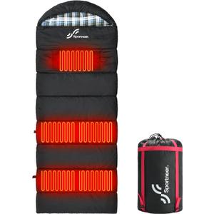 Sportneer Heated Sleeping Bag with 5 Heating Zones, Warm Flannel Cold Weather Sleeping Bag for Adults, 3 Heat Levels USB Powered (Power Bank Not Included), Winter Camping & Outdoor Hiking (Black)