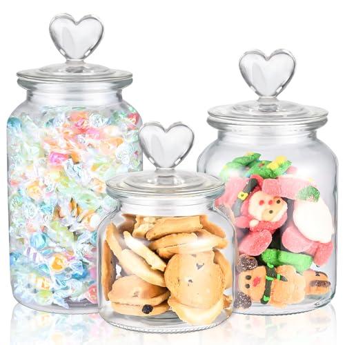 LIANGMIDA Heart Jars with Lids Set of 3 Clear Cute Heart Shaped Candy Jars 22 32 45 oz Food Storage Glass Cookie Jar with Lids Cute containers for Kitchen Decorative Apothecary Canisters