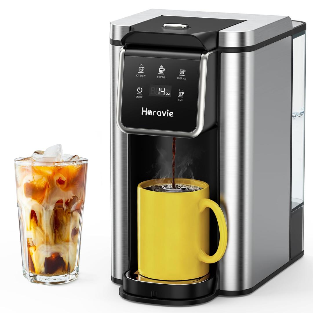 Horavie Mini Single Serve Coffee Maker for K Cup Pods and Ground Coffee, Fast Brew One Cup Coffee Machine with Descaling Reminder and Water Window, 6 to 12 oz. Brew Sizes, Gray