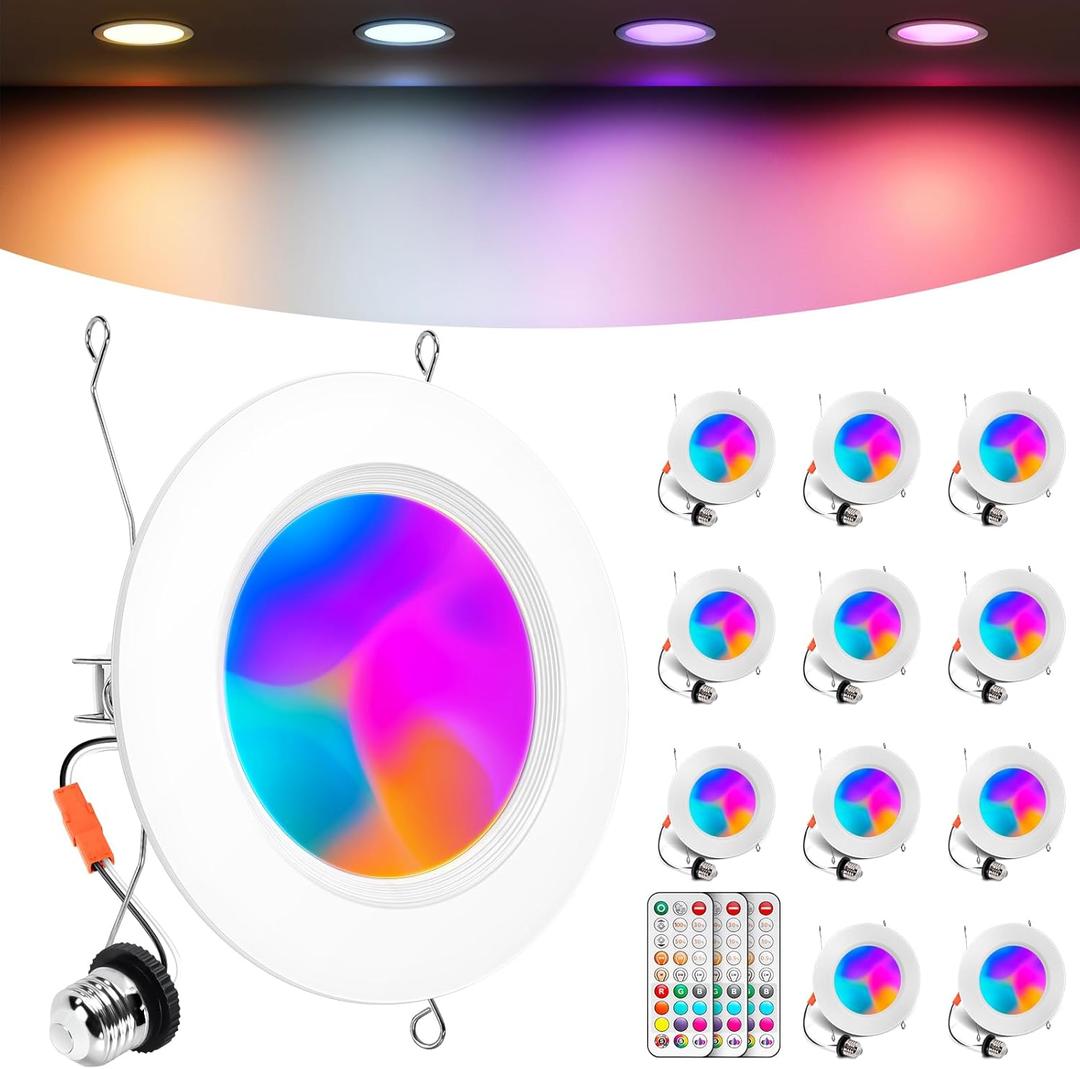 Recessed Lighting 6 Inch, RGBCW Color Changing E26 Can Lights with Remote Control, Flicker Free, 13W 1300LM, Dimmable Retrofit Downlight, ETL, 12 Pack