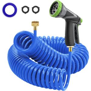 Coil Hose,3/8" EVA Coil Garden Hose 25 FT,Curly Water Hose Lightweight with Brass Connectors,Recoil Garden Hose Includes 8-Pattern Spray Nozzle for Boat, Yard, Patio