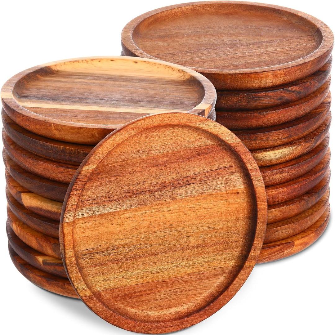 Gejoy 20 Set Acacia Wood Dinner Plates Round Wooden Charger Plates 6 Inch Serving Tray Lightweight, Unbreakable Natural Dinnerware Dishes for Steak, Snack, Dessert, Cake(Height 0.59 in)