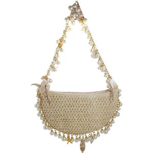 Women Pearl Straw Clutch Purse Woven Summer Beach Evening Bag Wedding Party Straw Shoulder Handbag (Beige)