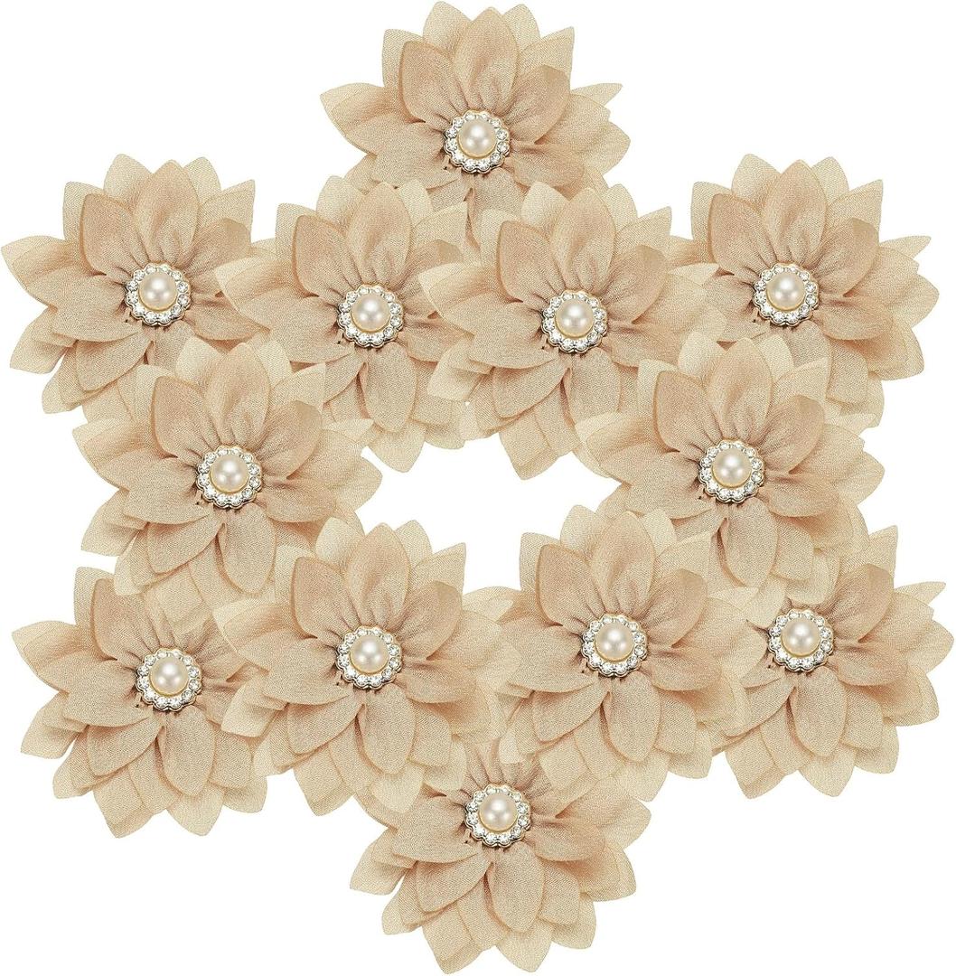 PATIKIL 2.36 in Rhinestone Chiffon Flower, 12 Pcs Fabric Flowers Rhinestone Pearl Sewing Appliques for DIY Crafts Dresses Clothing Headbands Wedding Decoration, Beige