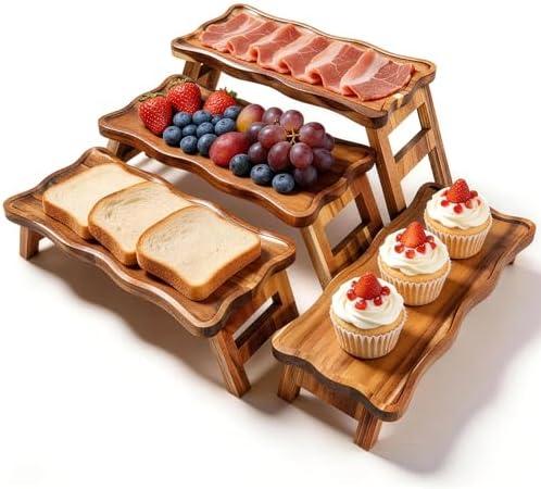 BOY MCOWBOY Acacia Wood 4 Tiered Serving Tray for Party, 16.7" x 7.7" Cupcake Stand Foldable Dessert Table Display Set Charcuterie Boards for Birthday Wedding Veggie Fruit