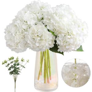Tifuly 4pcs Fake Hydrangea with Vase -3D Real Touch Faux Hydrangea Flowers and 3pcs Eucalyptus Stems for Wedding Centerpiece Home Party Table DecorationWhite