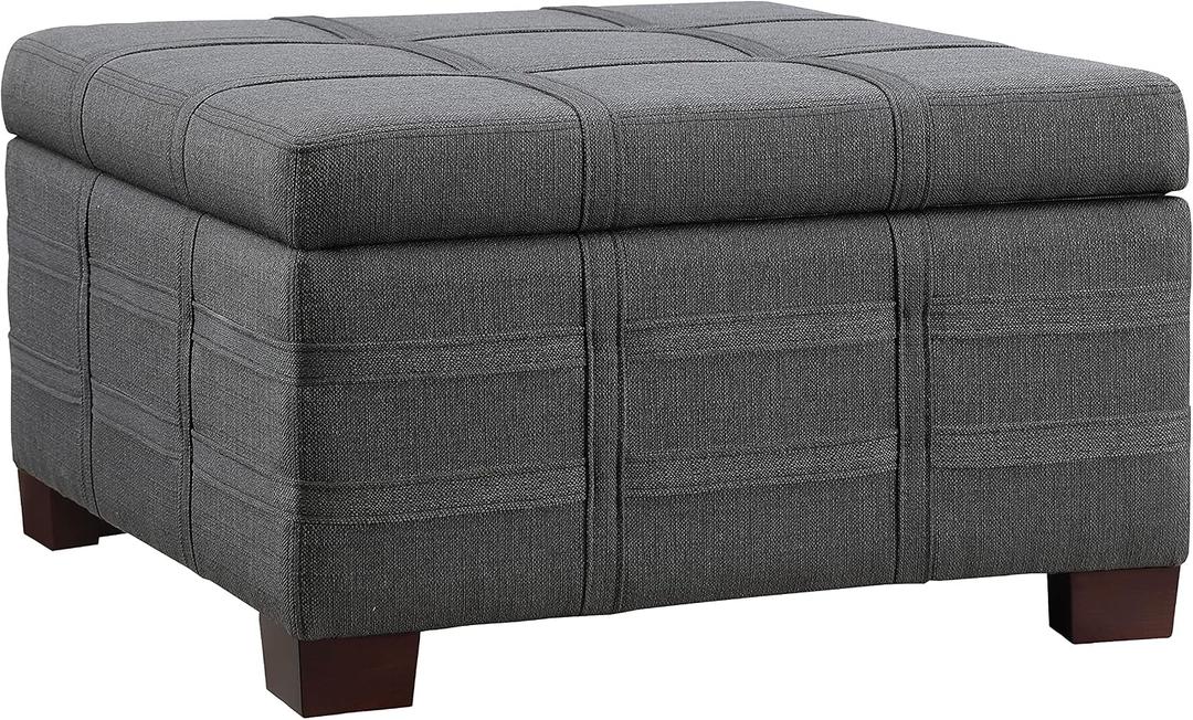 OSP Home Furnishings Detour Strap Square Storage Ottoman with Sliding Tray and Hinged Lid, Charcoal Fabric, 30"D x 30"W x 17.3"H