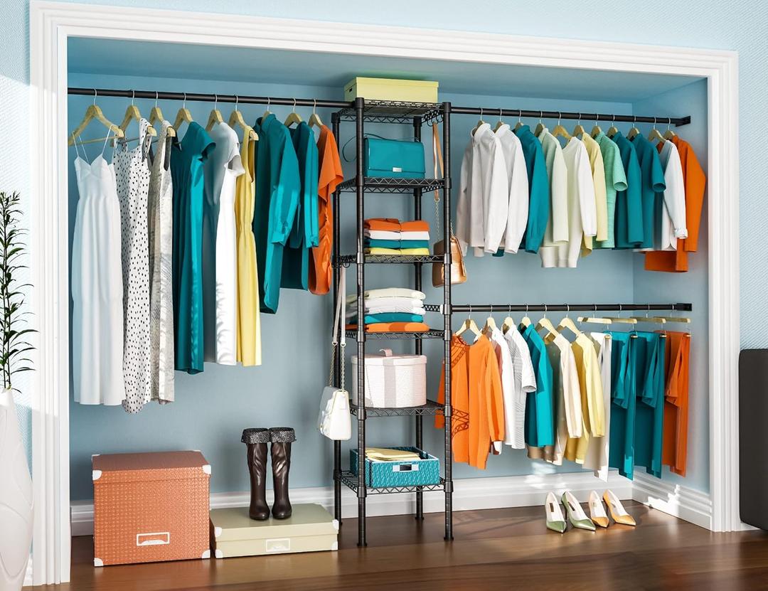 Ulif M1 Closet Storage Organizer System, 6 Tiers Heavy Duty Metal Garment Rack with 3 Expandable Hanger Rods, Wall Mounted Space Saver Suits from 5.4-8.7 ft. Width, 71.2H x 14D, 700LBS, Black