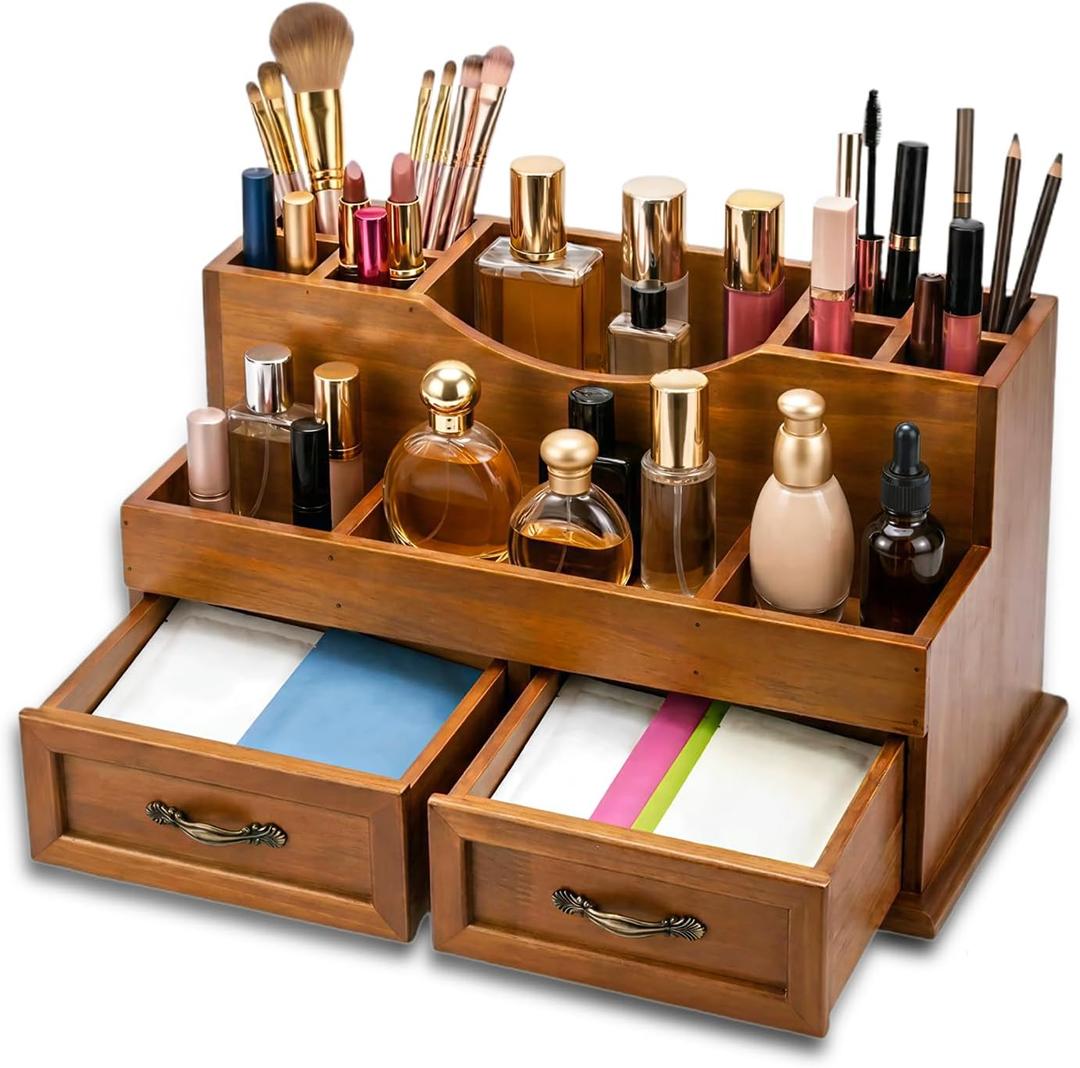 Rustic Wood Makeup Organizer with 2 Drawers, Vintage Tabletop Storage Box for Perfume, Skincare and Beauty Supplies, Thick Wood Design for Office, Bathroom, or Countertop
