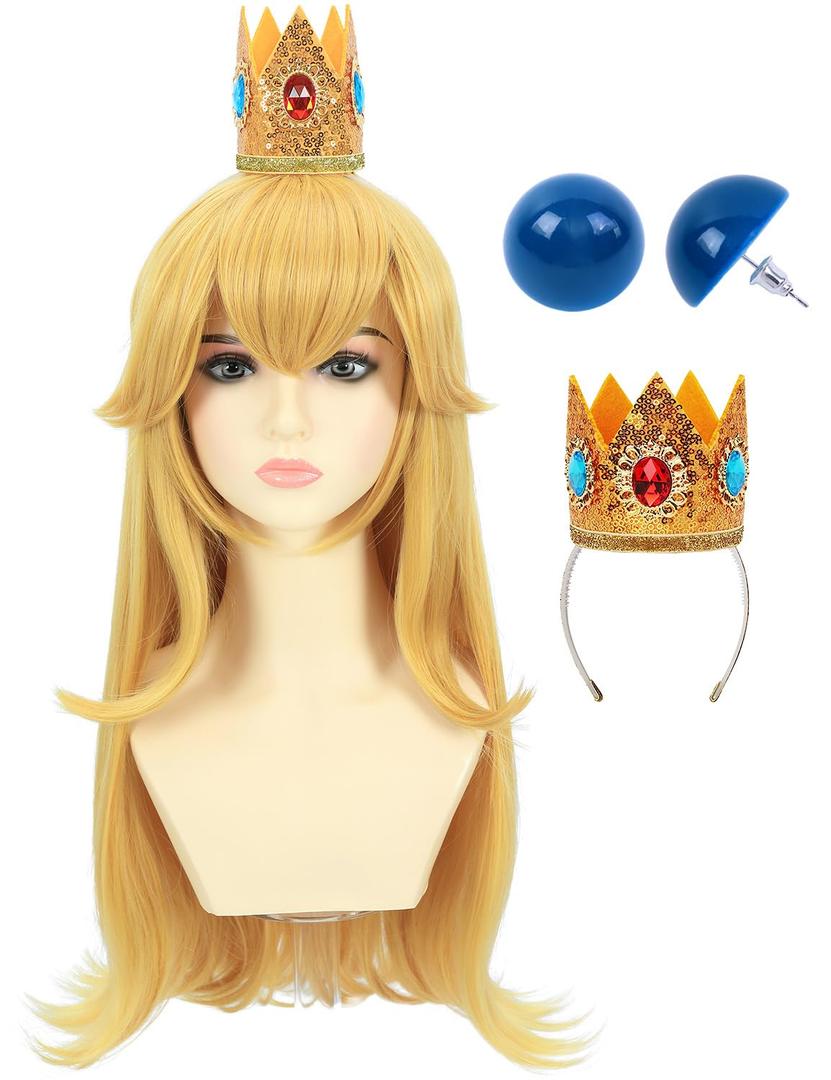 morvally Blonde Princess Cosplay Synthetic Wig with Crown and Earrings for Adult Women Long Wavy Costume Wig Set for Halloween Party (Adults Blonde)