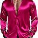 Barry.Wang Mens Stretch Dress Shirts Solid Long Sleeve Button Down Shirts Formal Casual Business Prom Party Wedding (Small, Satin Hot Pink)