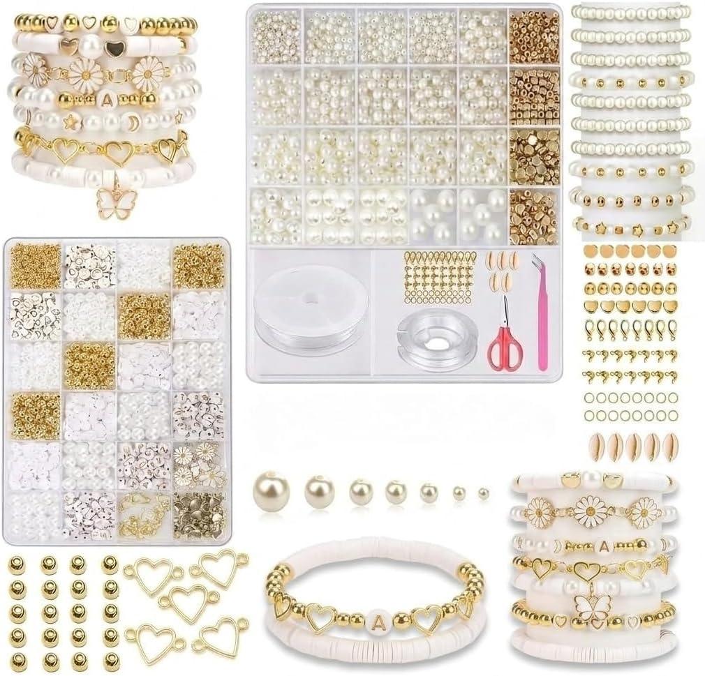 Usyios Pearl Bracelet Making Kit, 3300PCS White Pearl Beads for Jewelry Making, DIY Jewelry Supplies Set with Gold Charms for Bracelets Necklaces Earrings and Crafts, DIY Craft Gift