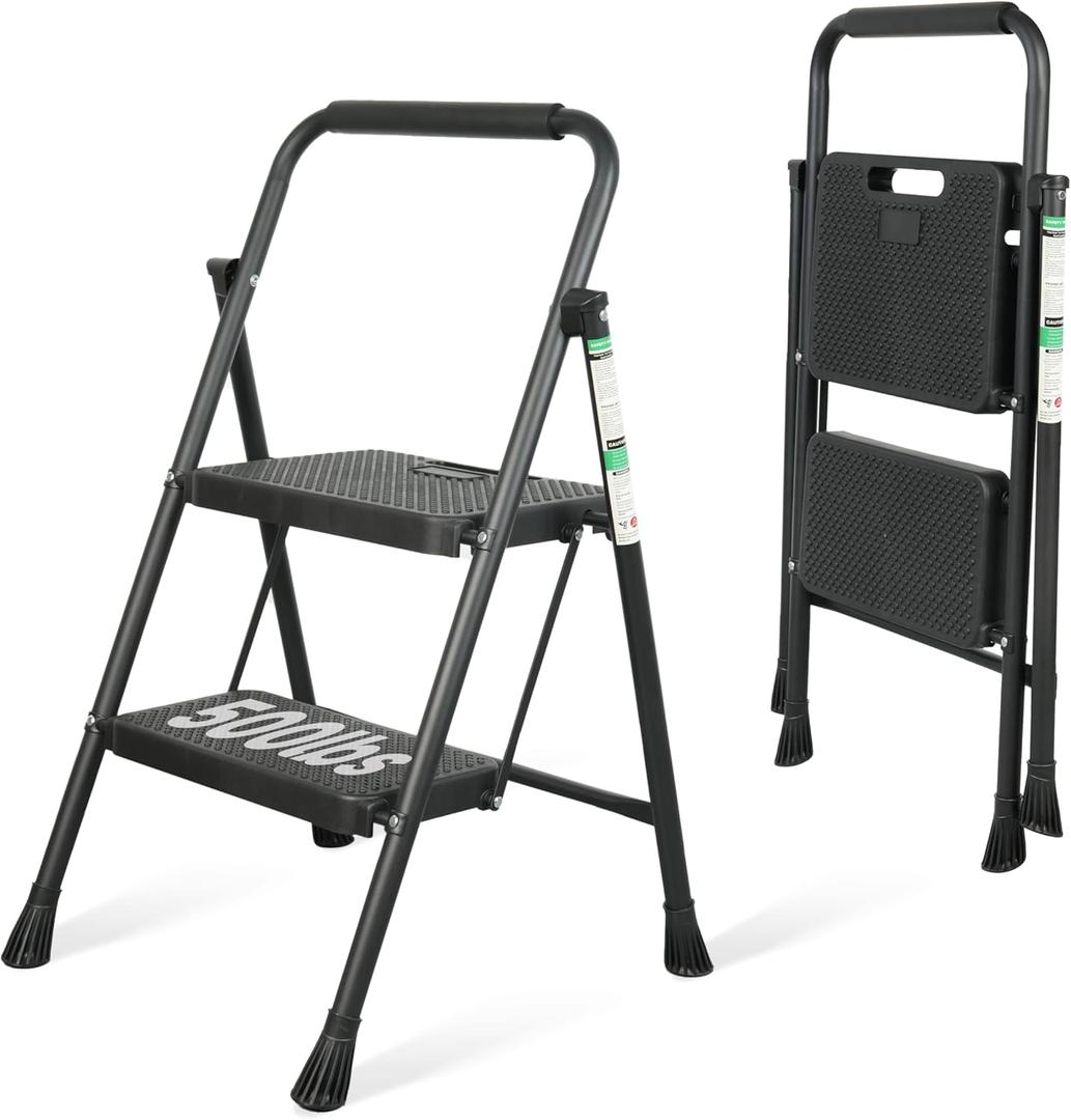 2 Step Ladder, Portable Steel Folding Step Stool with Wide Anti-Slip Pedal & Convenient Handgrip, 500lbs Sturdy Steel Ladder, Black 2 Step Ladder, Portable Steel Folding Step Stool with Wide Anti-Slip Pedal & Convenient Handgrip, 500lbs Sturdy Steel Ladder, Black