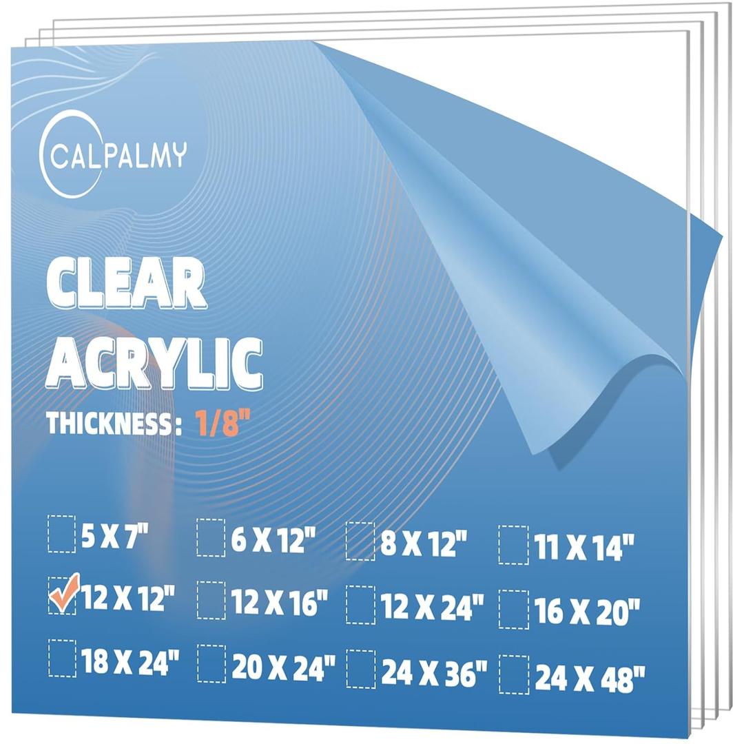CALPALMY (4-Pack) 12 x 12 Clear Acrylic Sheet Plexiglass 1/8 Thick; Use for Craft Projects, Signs, Display Cases, Dust Cover and More; Cut with Cricut, Engraver, Saw or Hand Tools No Knives