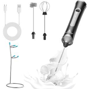 Rechargeable Frother Wand with Stand, Milk Frother with Detachable Stainless Steel Double Rings Whisk, 3-Speed Handheld Electric Drink Mixer for Lattes, Cappuccino, Coffee (Black)