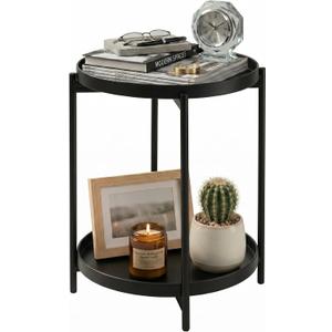 2 Tier Round Side Table, Folding Round Metal End Table Small Nightstand with Two Removable Tray for Bedroom Living Room Bedside Small Spaces Black