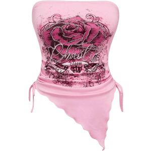 SOLY HUX Women's Y2k Bandeau Tube Tops Graphic Print Asymmetrical Crop Top Aesthetic Clothes (Light Pink)