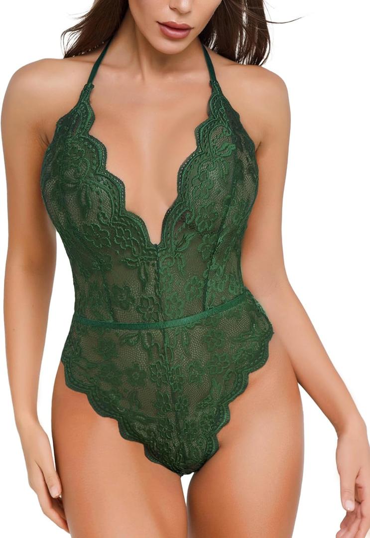 Dlsave Sexy Lingerie for Women,Deep V-Neck Lace Bodysuit Bridal Lingerie Backless One piece Teddy Body Suits Tops Wedding (Green)
