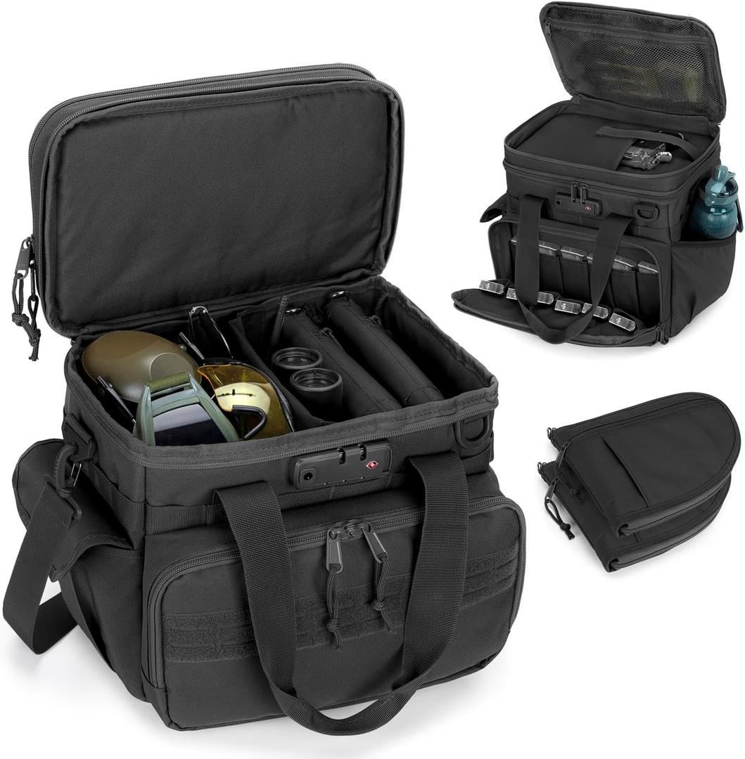 GOBUROS Tactical Gun Range Bag with 3 Pistols Capacity and TSA Lock, Gun Duffle Bag with 2 Small Pistol Cases and 12x Magazine Slots, Multi-Pockets for Hunting and Shooting Range Gear, Black