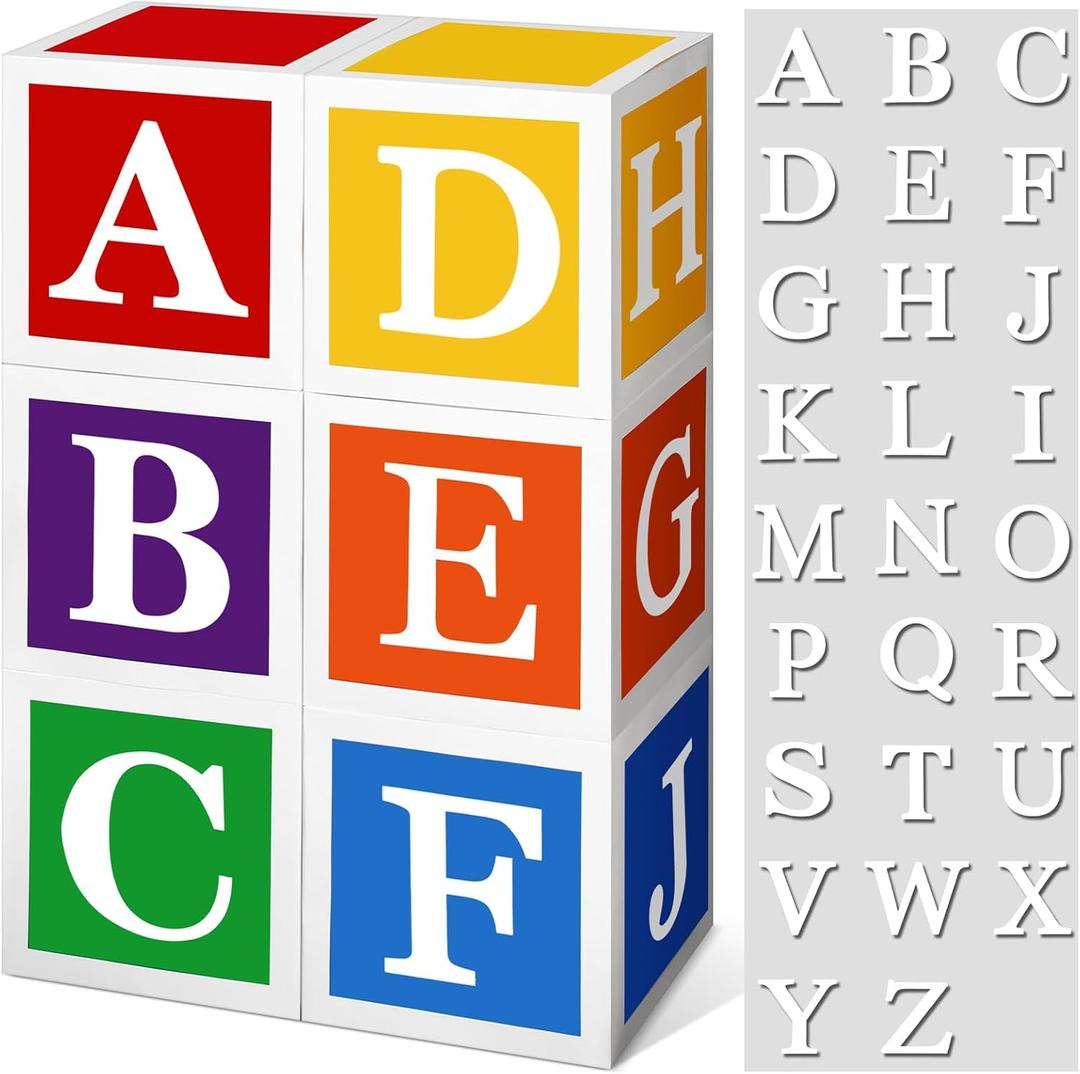 ReliThick 6 Pcs Custom Letter Toy Inspire Party Boxes with 52 Pcs Letter Cutouts 11.8 x 11.8 Inch Colorful Balloon Box Personalized Big Party Favor Box for Birthday Party Decoration (Bright Color)