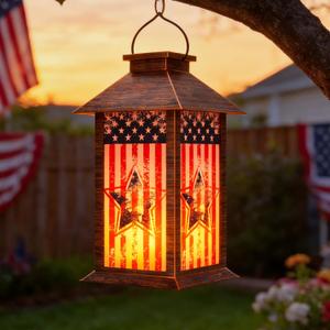 4th of July Solar Lanterns Outdoor, Waterproof Garden Hanging Lanterns, 13" Patriotic Decorations Outdoor Lantern with Led Flameless Candles, Patriotic Lantern for Porch, Yard, Patio Decor