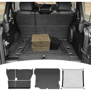 Cargo Mats with Net for 2018-2025 Jeep Wrangler JL Unlimited 4X4 Accessories All Weather Protection Rear Seat Back Cover Trunk Liner Cargo Net for 18-25 JL JLU Gas Type 4 Door(Not for 4XE)