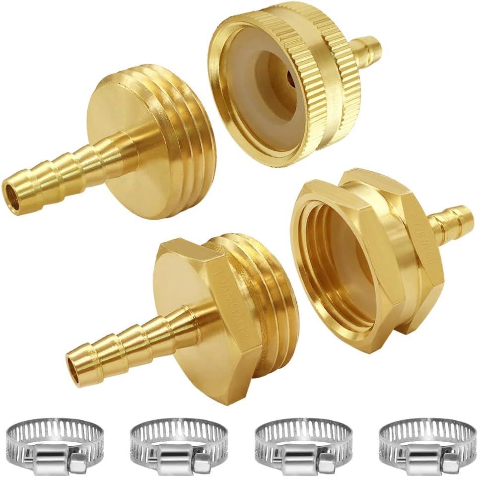 Joywayus Brass 1/4" Barb x 3/4GHT Thread Swivel Knurling and Hex Garden Water Hose Pipe Repair Connector Fitting with Stainless Clamp (4PCS)