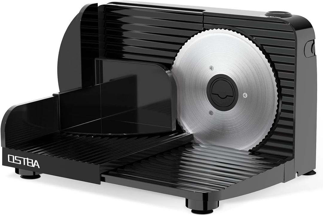 OSTBA Foldable Electric Food Slicer, Adjustable Thickness 0–15mm, 6.7” Stainless Steel Blade, 150W Motor, Portable & Easy-to-Clean, Meat, Cheese, Bread, and Vegetable Slicer for Home Kitchen, Black