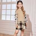 Girl Clothes Girls Outfits Flare-lace Sleeve Top and Plaid Skirt Dress Fall Winter 2Pcs Girls Clothes 6-14T (11-12 Years, Apricot)