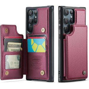 Vinich for Samsung Galaxy S22 Ultra Wallet Case with Card Holder, RFID Blocking Credit Slots Kickstand Shockproof Phone Cover for Women Men, Wine Red