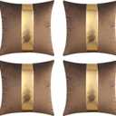 Gyulin Pack of 4,18x18 Inch Velvet Throw Pillow Covers with Gold Leather Striped Patchwork Stitching Luxury Modern Minimalist Square Pillowcase Cushion Covers for Bedroom Sofa Couch Living Room,Brown
