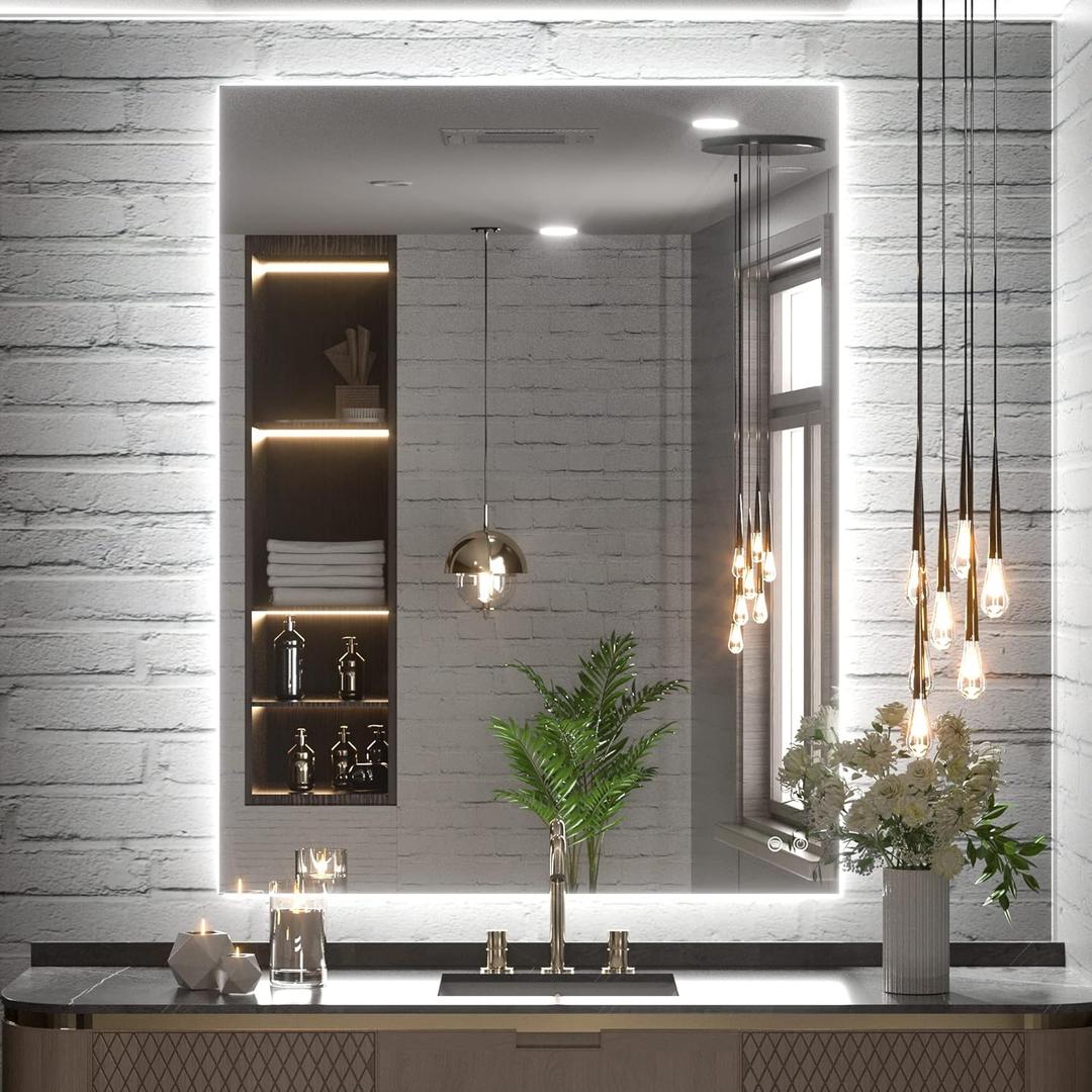 TETOTE 28 x 36 Inch LED Backlit Mirror Bathroom with Light,Anti-Fog,Dimmable,Lighted Mirror(Horizontal/Vertical) Wall Mounted Vanity Mirror