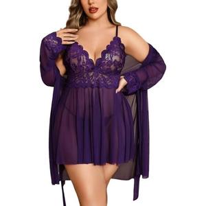 Avidlove Plus Size Lingerie Sexy Lingerie Set Women's Exotic Nightgowns Lace Chemise Lingerie Side Slit Nightdress, 20W Purple