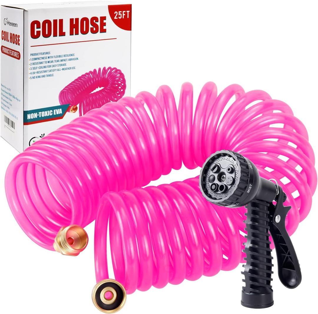 Yereen Garden Hose 25FT EVA Water Hose with 7-Pattern Spray Nozzle,Curly Self Coiling Lightweight Garden Hose,Retractable Drinking Water Safe Garden Coil Hose for Lawn Patio (Pink)