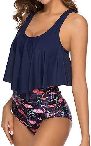 Women High Waisted Bikini Swimsuit Plus Size Flounce Top Vintage Tummy Control Bottom Two Piece Tankini Bathing Suits, Size XXL
