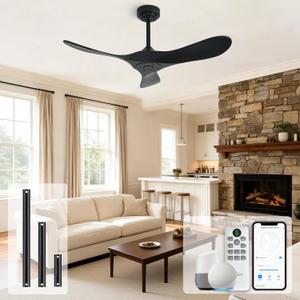 Outdoor Ceiling Fan Without Light, 42Inch Smart Ceiling Fan with Remote & Voice Control for Alexa/Google, 3-Blade Solid Wood Fan, Quiet DC Motor, 6 Speeds for Patio, Porch, Farmhouse, Black