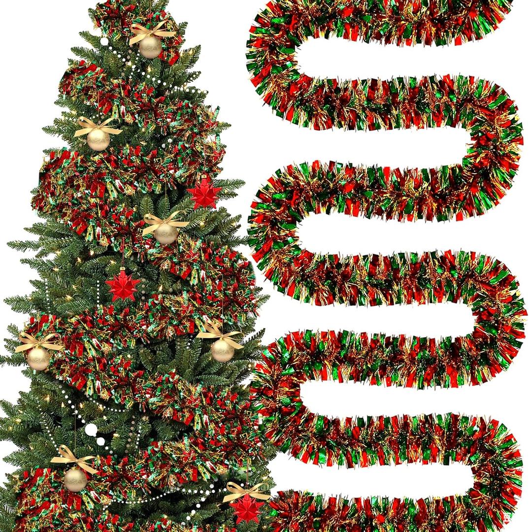 295 Feet Mardi Gras Tinsel Garland Metallic Tinsel Garland Glitter Twist Metallic Shiny Hanging Garlands Decorations Mardi Gras Tree Ornaments for Carnival Party (Red, Green, Gold)