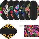 7pcs/Set Reusable Menstrual Pads Including 1pc Mini Wet Bag +6pcs Bamboo Charcoal Cloth Menstrual Incontinence Pads/Reusable Sanitary/Mama Panty Liners (All Randomly Prints)