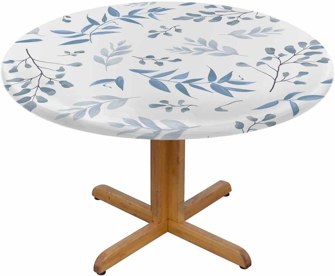 Floral Leaf Round Tablecloth Watercolor Blue Dusty Leaves Fern Greenery Herbs Plants Table Cover Table Cloth For Indoor Dining, Outdoor Picnic Parties, Camping ,Fits For Table 40-44"