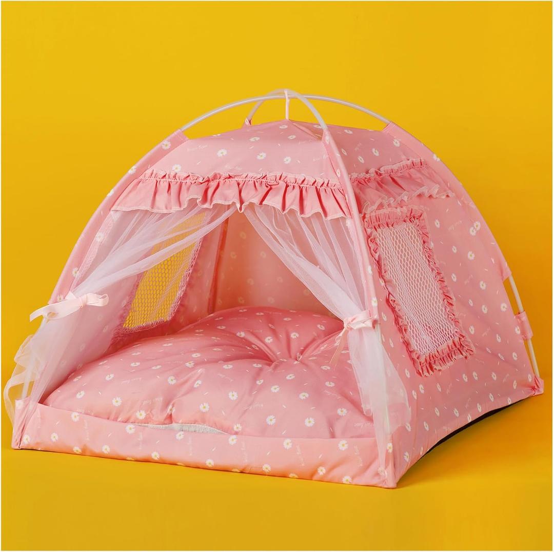 SEIMMIE Cat Princess Bed Tent House - Kitty Cute Tent Indoor, Small Dog House Indoor/ Outdoor Cave Nest Bed Small Dog Tent for Cat, Puppy Tent (15.7"x15.7"x14.5"/ Pink)