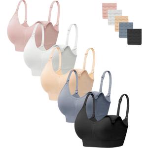 HBselect Women Maternity Bras Pack of 5 Nursing Bras for Breastfeeding Seamless Pregnancy Sleep Bralette with Extra Extenders (Large, (Pink/White/Nude/Dusty Blue/Black))