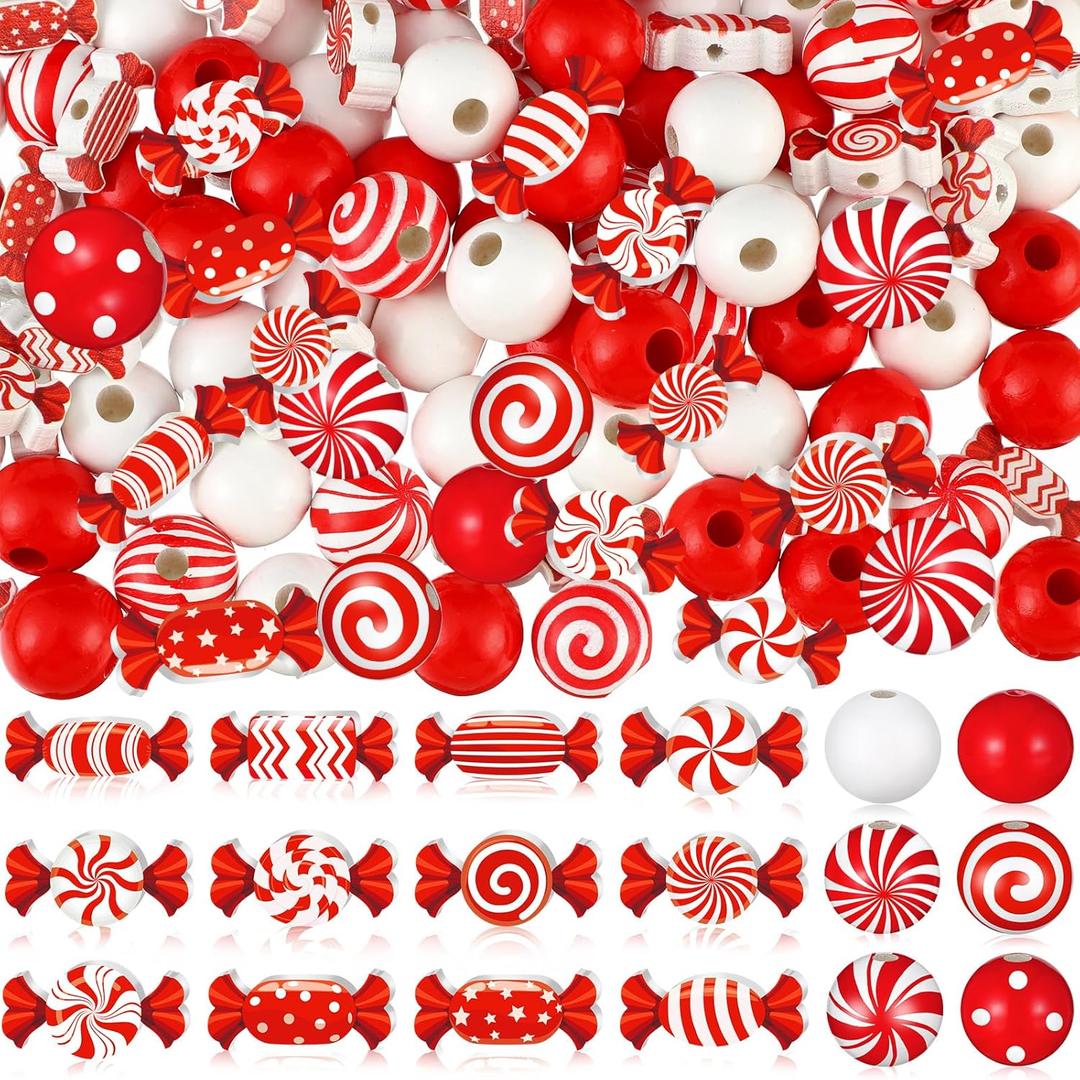 Misdary 200 Pcs Christmas Peppermint Candy Beads Red and White Peppermint Candy Shaped Round Christmas Wooden Beads for Crafts DIY Jewelry Making Xmas Home Decor