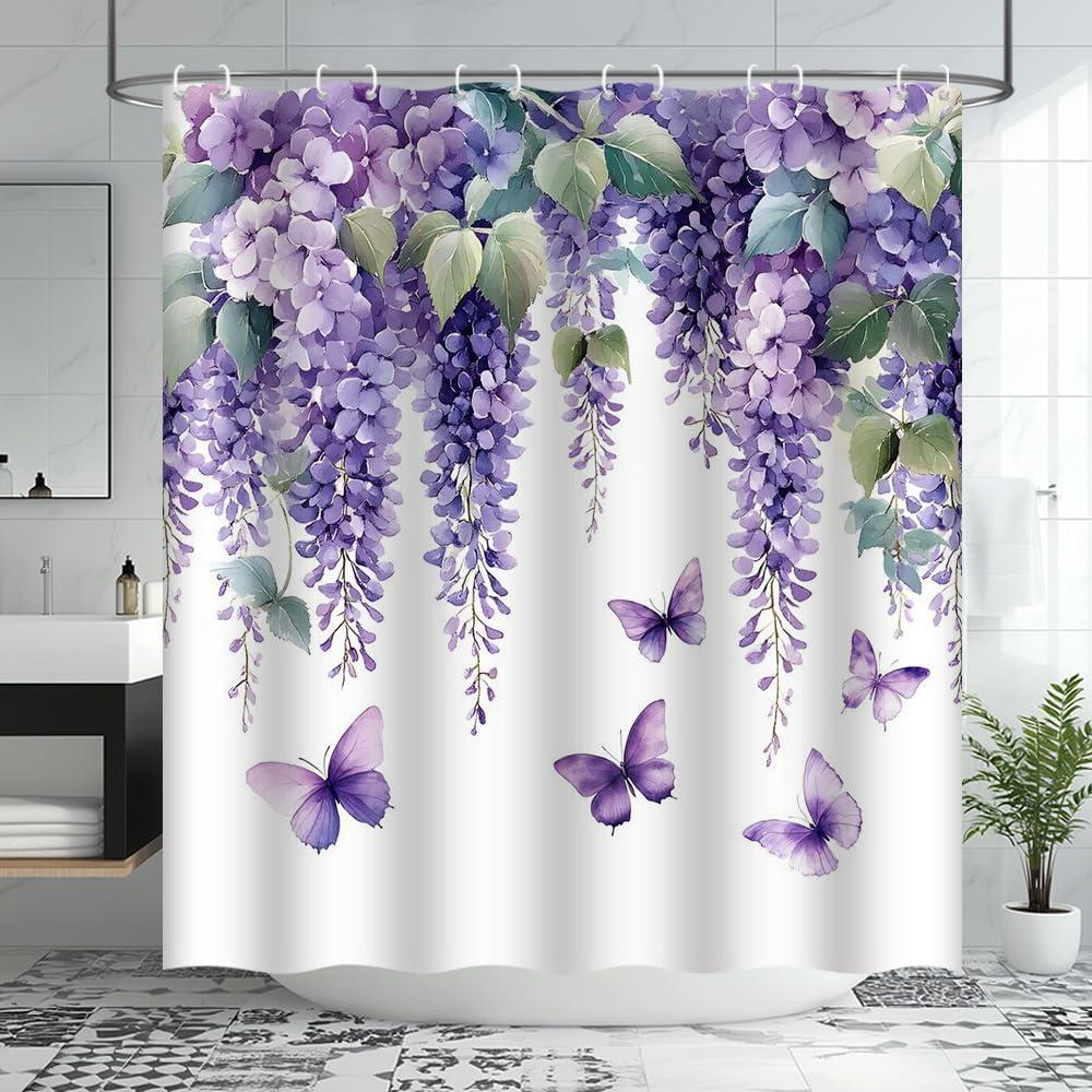 Purple Floral Butterfly Shower Curtain Lavender Weeping Wisteria Blossom Vine Spring Watercolor Fabric Bathroom Decor Curtain with Hooks, 70Wx70H